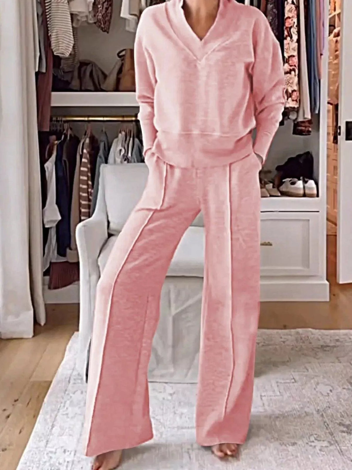 Full Size Cozy V-Neck Top and Pants Set Plus Size