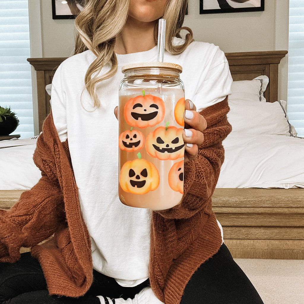 Pumpkin 20oz Glass Tumbler with Bamboo Lid, 2 Stainless Straws & Straw Cleaner