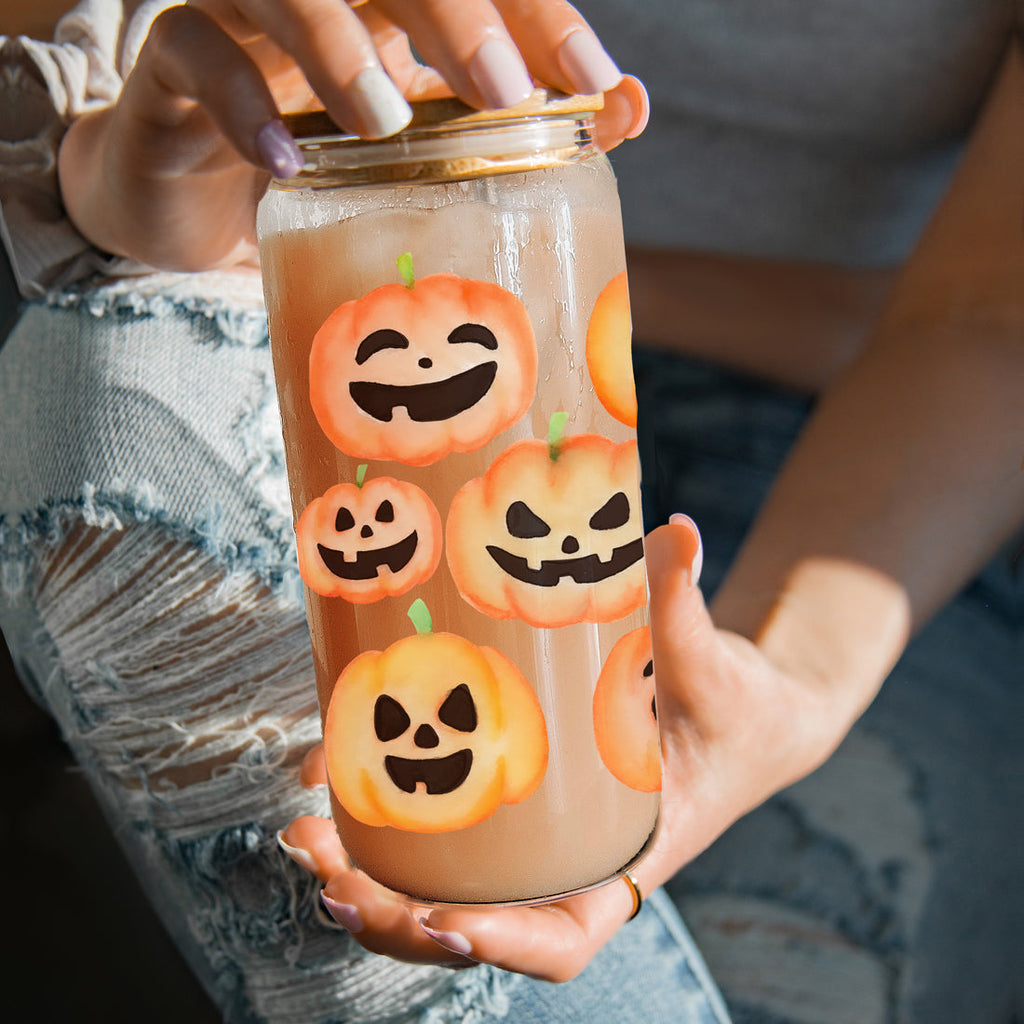 Pumpkin 20oz Glass Tumbler with Bamboo Lid, 2 Stainless Straws & Straw Cleaner