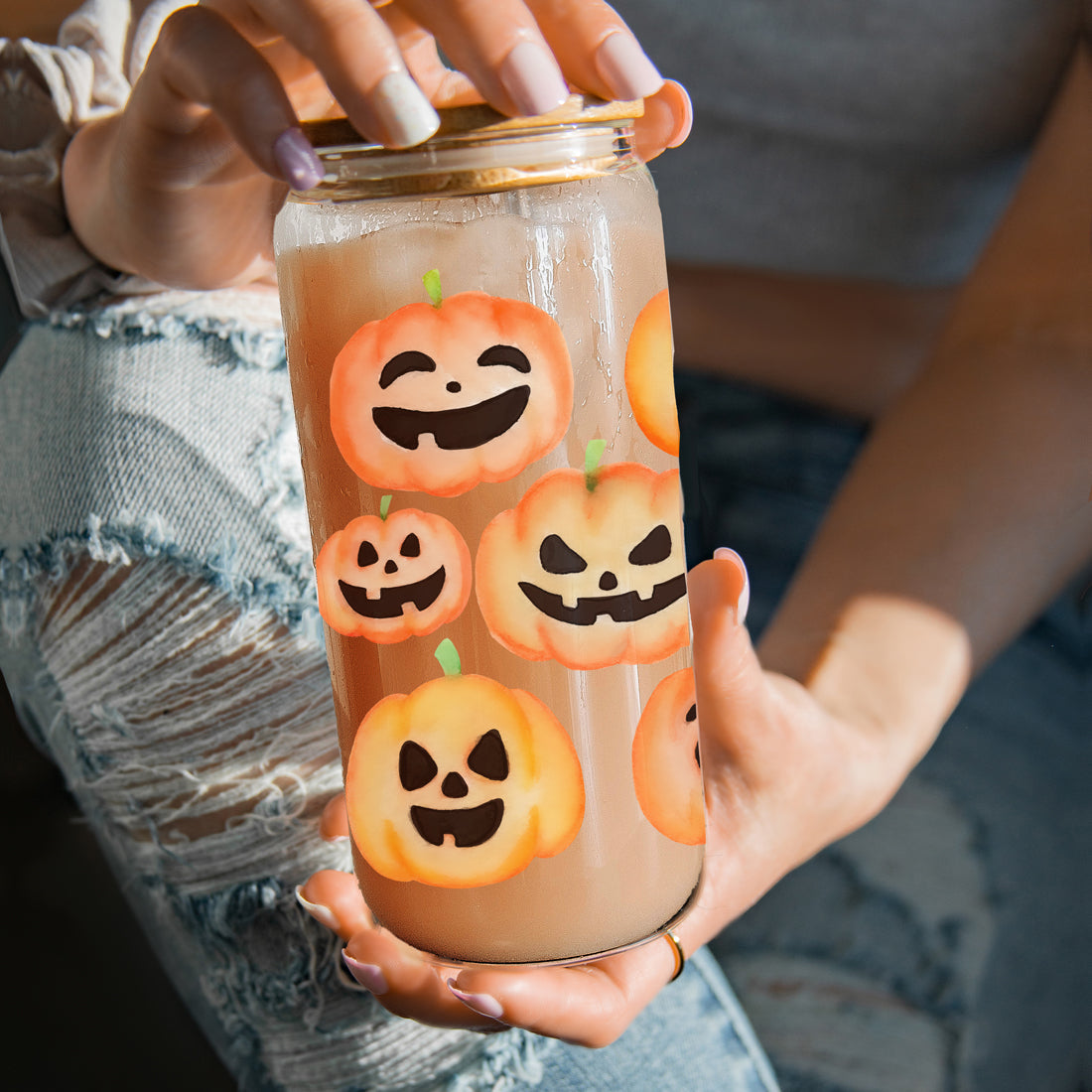 Pumpkin 20oz Glass Tumbler with Bamboo Lid, 2 Stainless Straws & Straw Cleaner