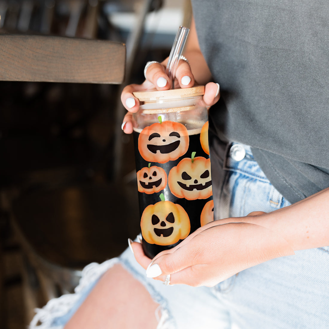 Pumpkin 20oz Glass Tumbler with Bamboo Lid, 2 Stainless Straws & Straw Cleaner