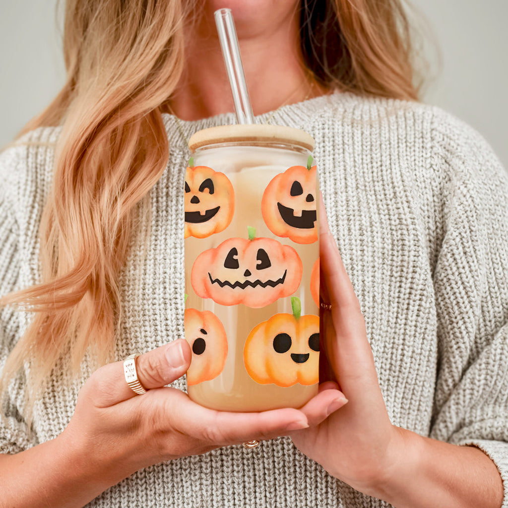 Pumpkin 20oz Glass Tumbler with Bamboo Lid, 2 Stainless Straws & Straw Cleaner