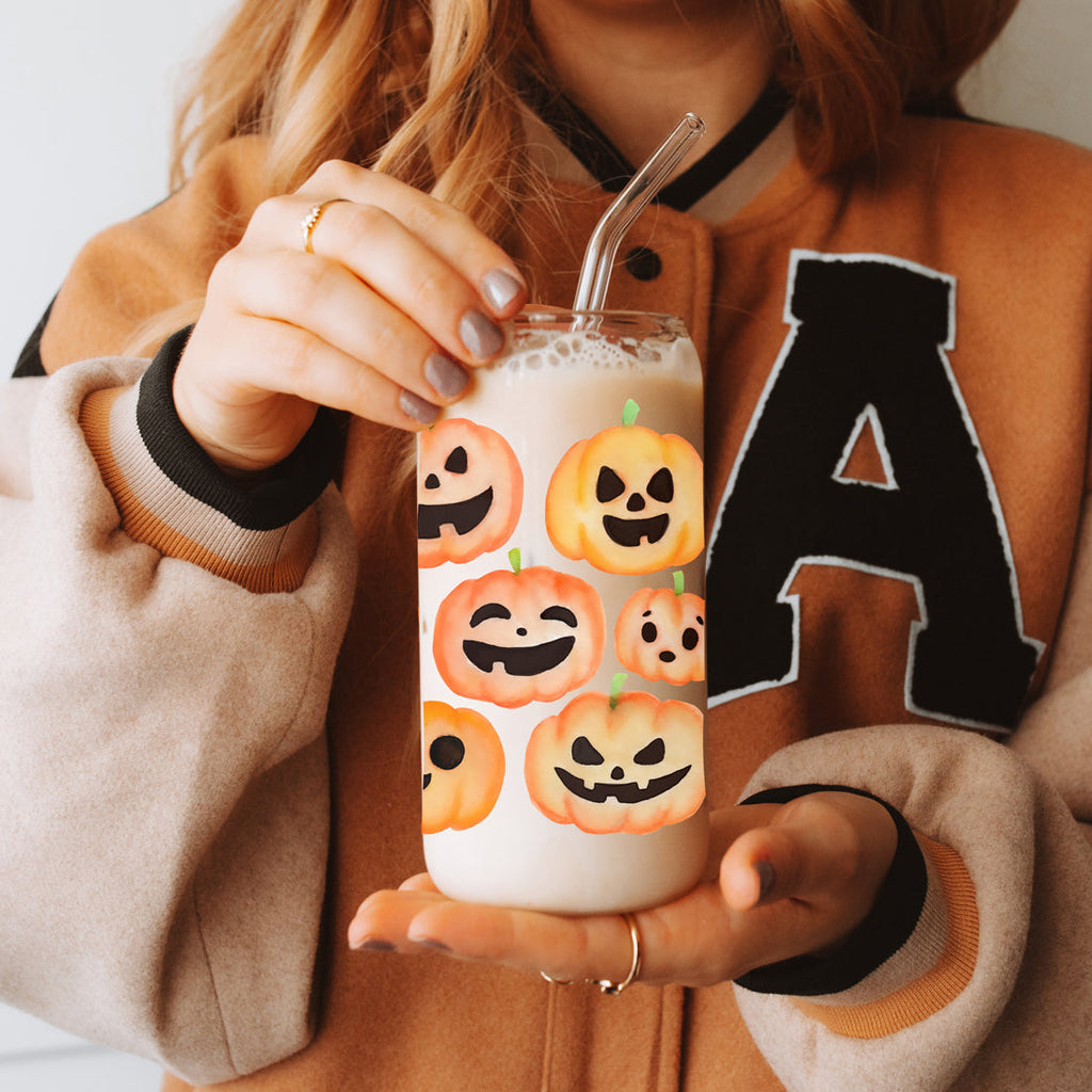 Pumpkin 20oz Glass Tumbler with Bamboo Lid, 2 Stainless Straws & Straw Cleaner
