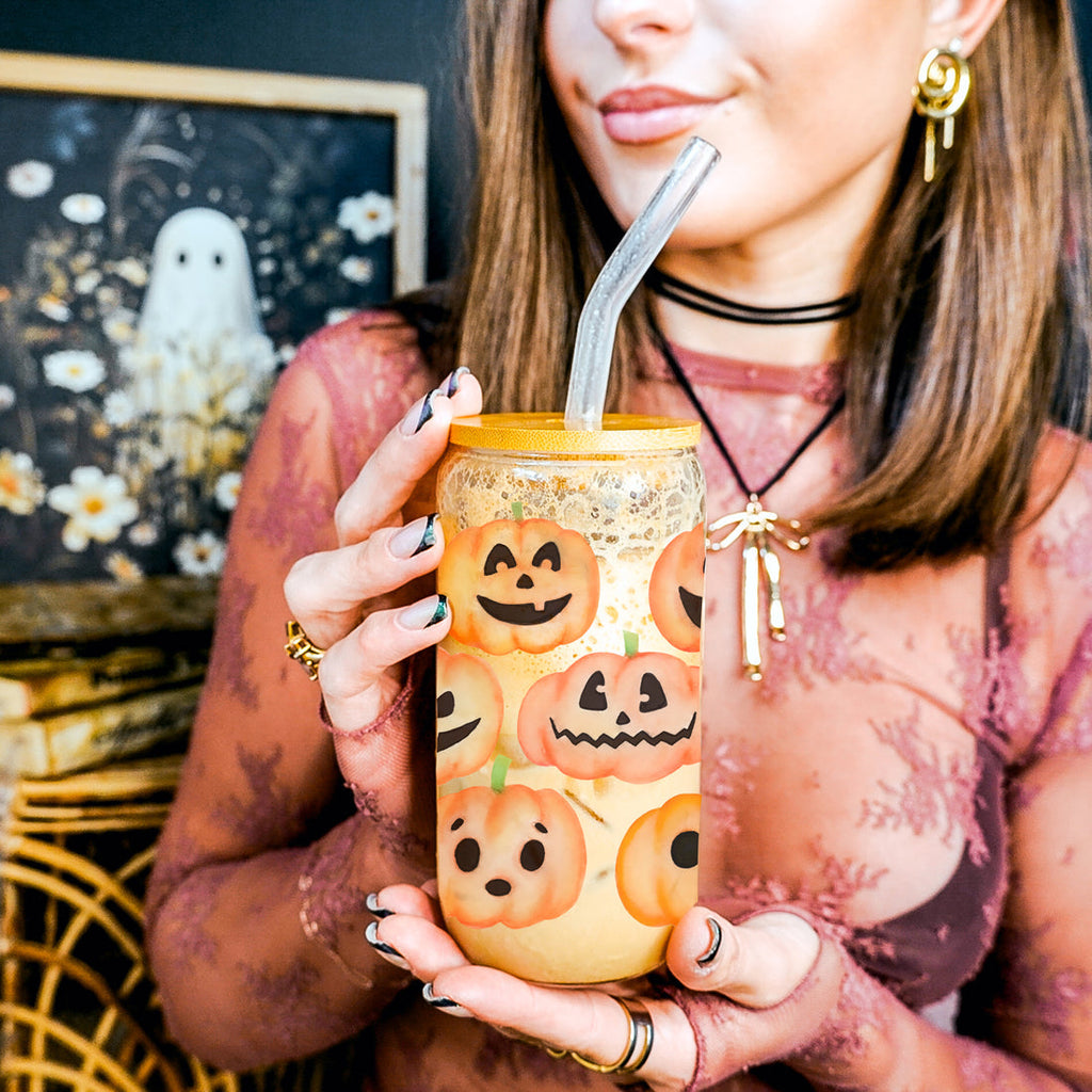 Pumpkin 20oz Glass Tumbler with Bamboo Lid, 2 Stainless Straws & Straw Cleaner