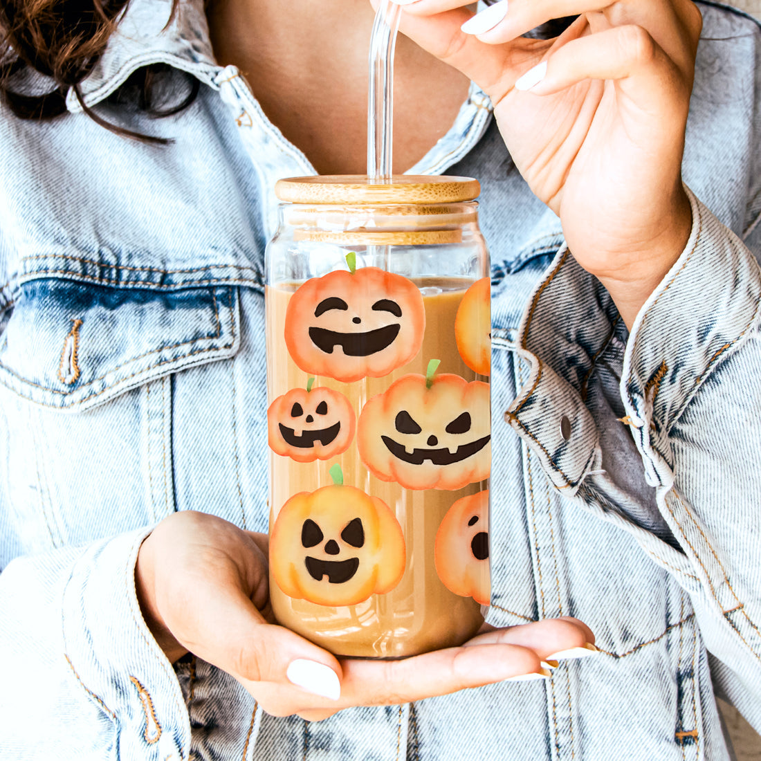 Pumpkin 20oz Glass Tumbler with Bamboo Lid, 2 Stainless Straws & Straw Cleaner