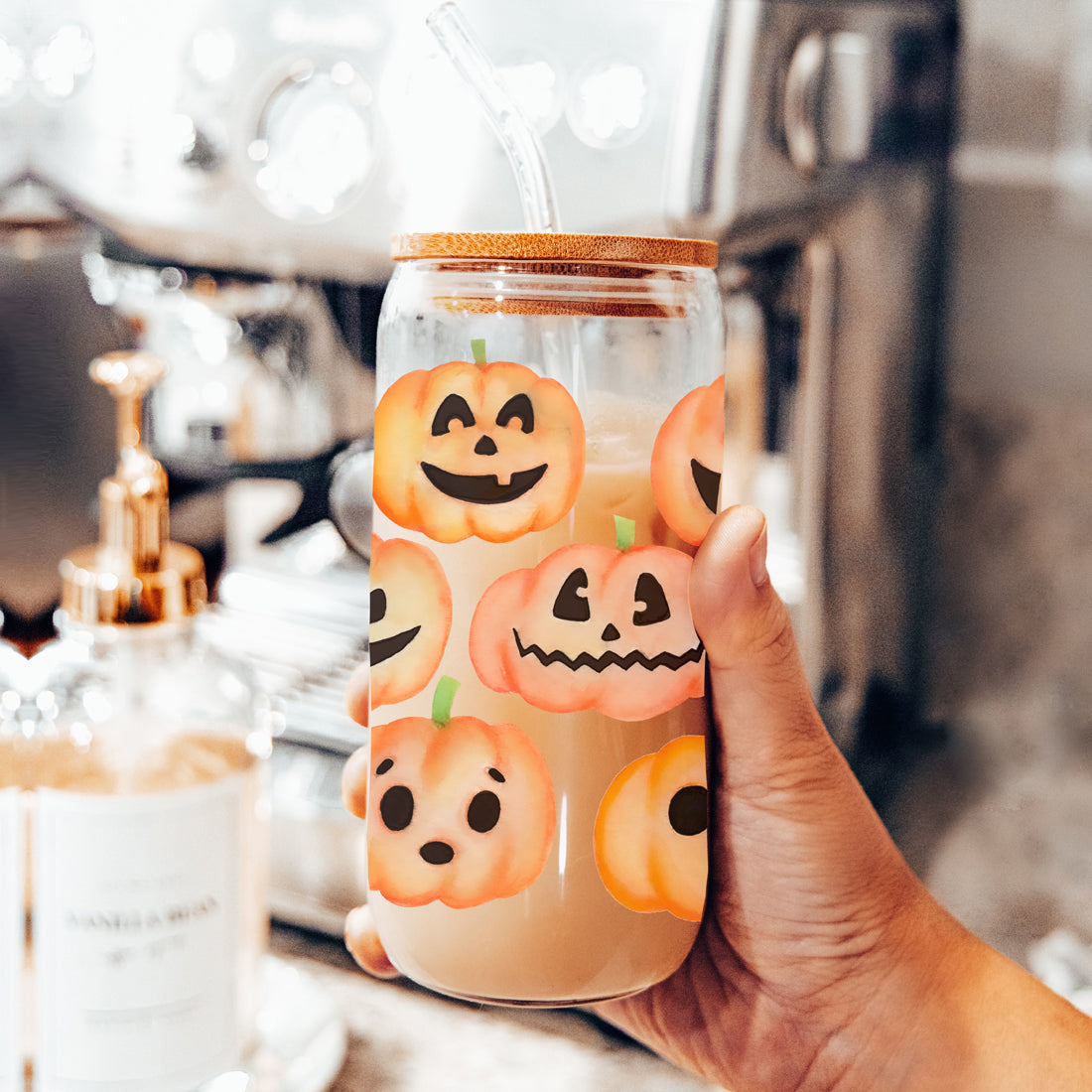 Pumpkin 20oz Glass Tumbler with Bamboo Lid, 2 Stainless Straws & Straw Cleaner