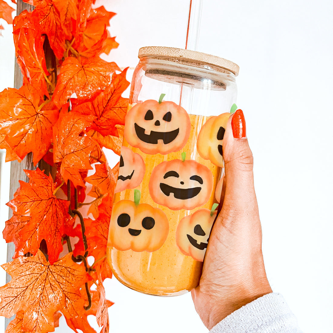 Pumpkin 20oz Glass Tumbler with Bamboo Lid, 2 Stainless Straws & Straw Cleaner