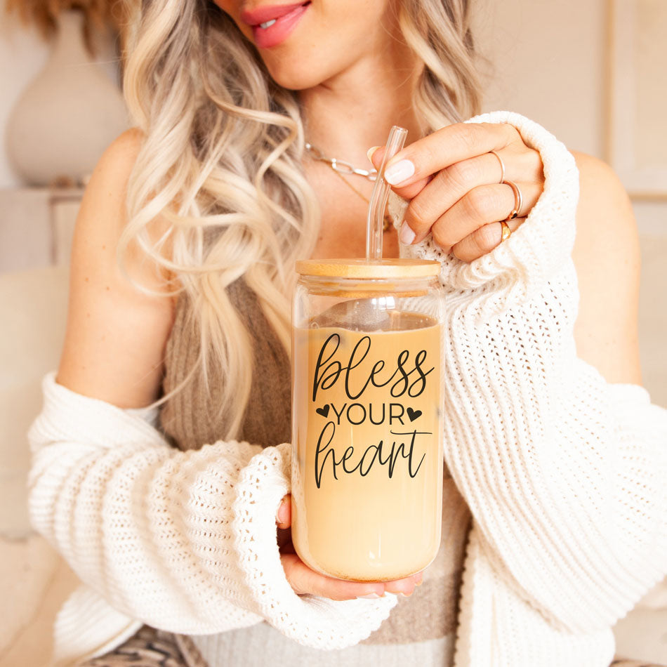 Bless Your Heart 20oz Glass Tumbler With Bamboo Lid - Sassy Coffee Cup