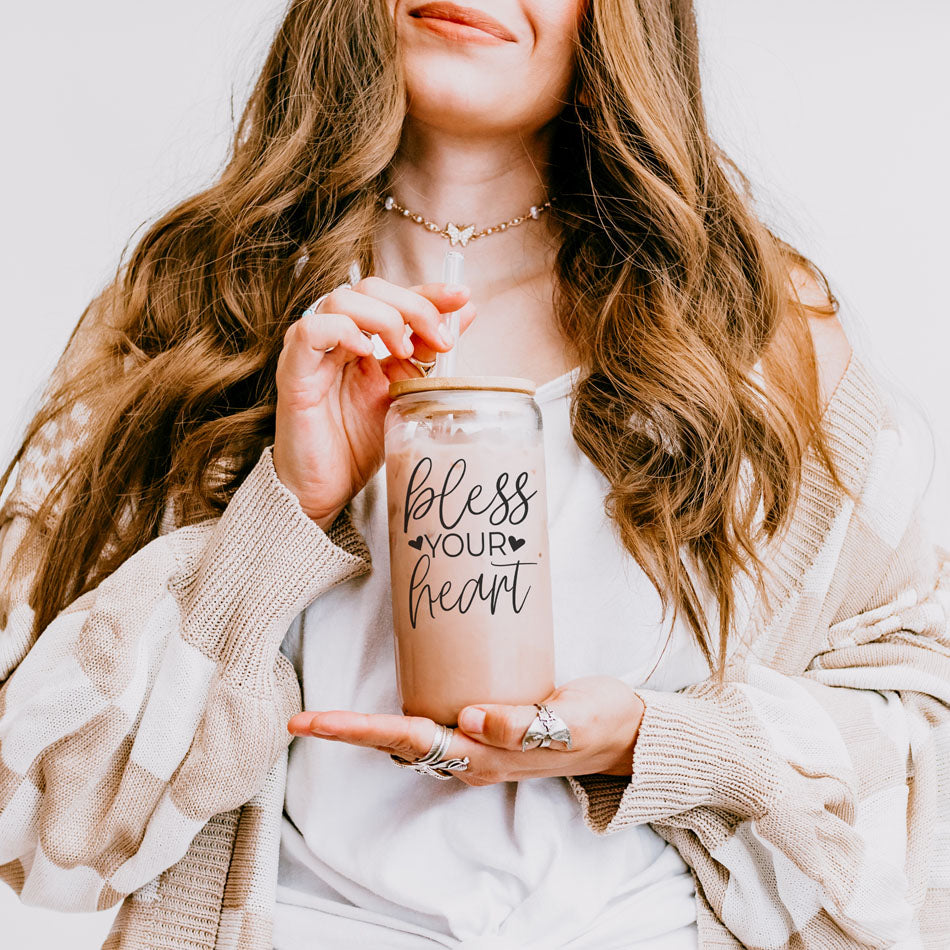 Bless Your Heart 20oz Glass Tumbler With Bamboo Lid - Sassy Coffee Cup