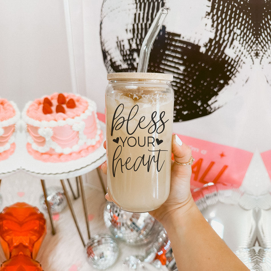 Bless Your Heart 20oz Glass Tumbler With Bamboo Lid - Sassy Coffee Cup