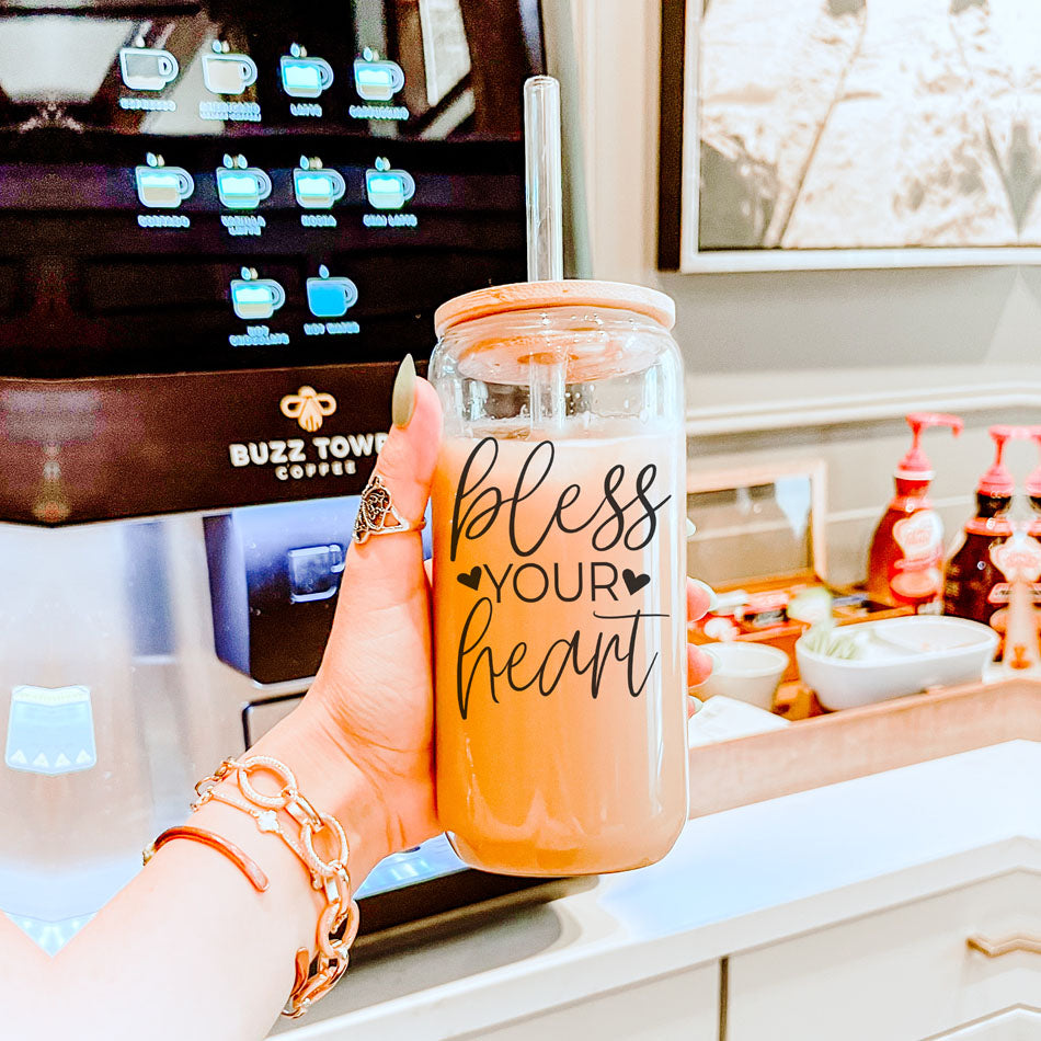 Bless Your Heart 20oz Glass Tumbler With Bamboo Lid - Sassy Coffee Cup