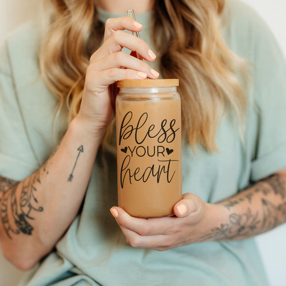 Bless Your Heart 20oz Glass Tumbler With Bamboo Lid - Sassy Coffee Cup