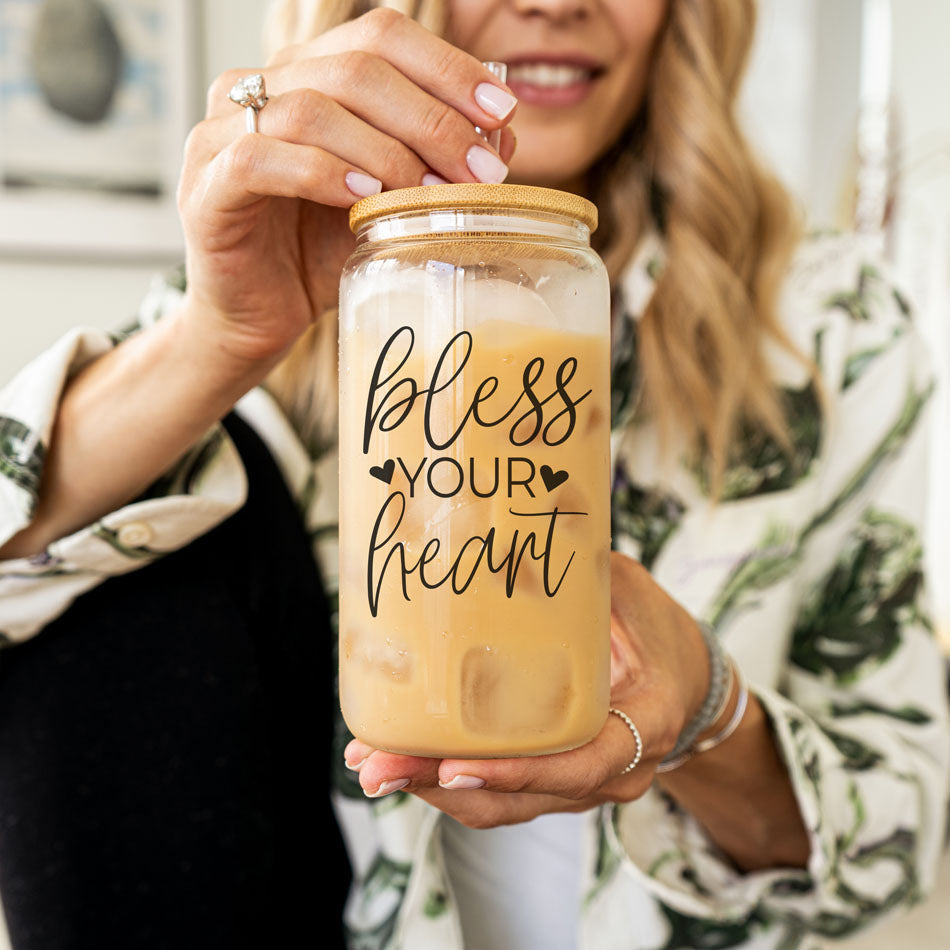 Bless Your Heart 20oz Glass Tumbler With Bamboo Lid - Sassy Coffee Cup