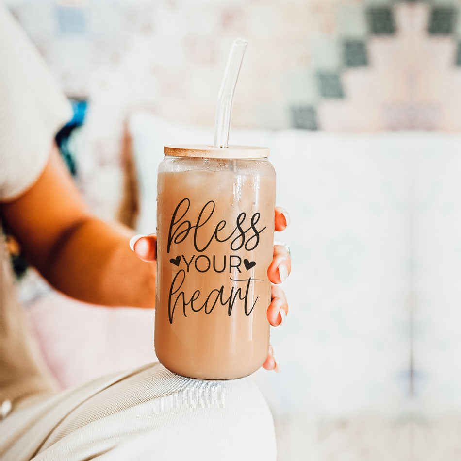 Bless Your Heart 20oz Glass Tumbler With Bamboo Lid - Sassy Coffee Cup