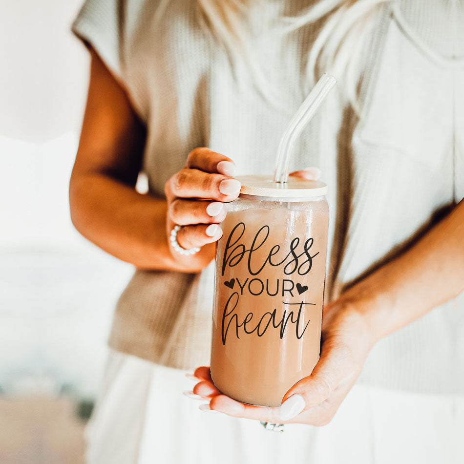 Bless Your Heart 20oz Glass Tumbler With Bamboo Lid - Sassy Coffee Cup