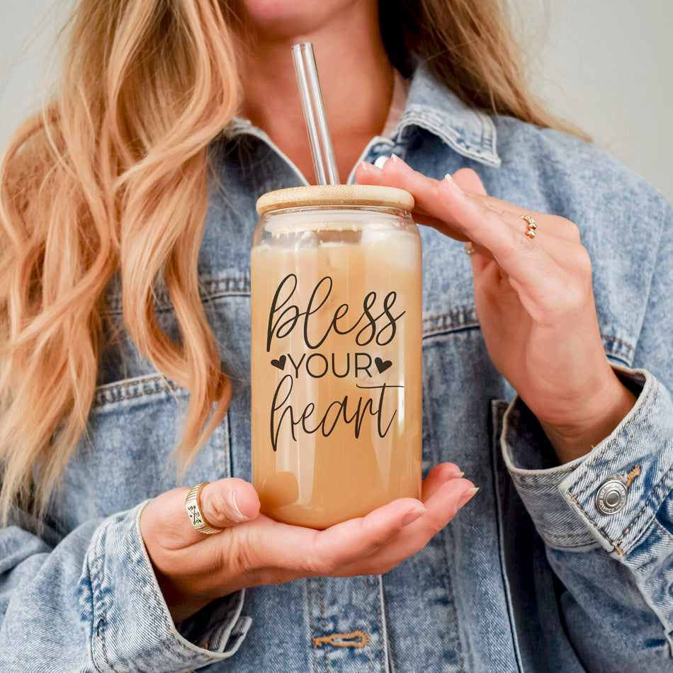 Bless Your Heart 20oz Glass Tumbler With Bamboo Lid - Sassy Coffee Cup