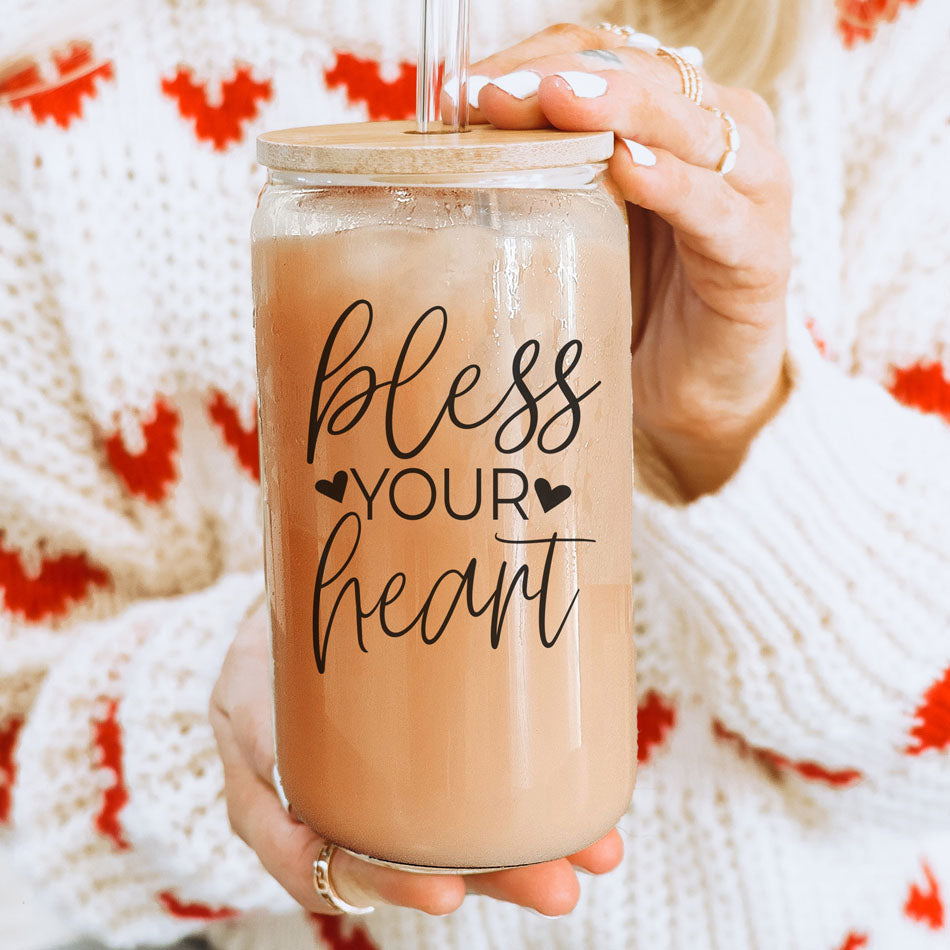Bless Your Heart 20oz Glass Tumbler With Bamboo Lid - Sassy Coffee Cup