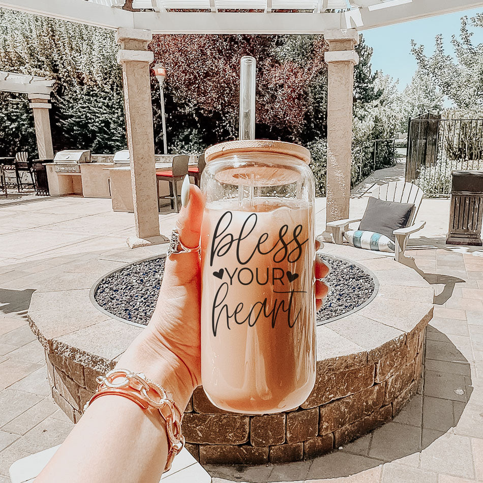 Bless Your Heart 20oz Glass Tumbler With Bamboo Lid - Sassy Coffee Cup