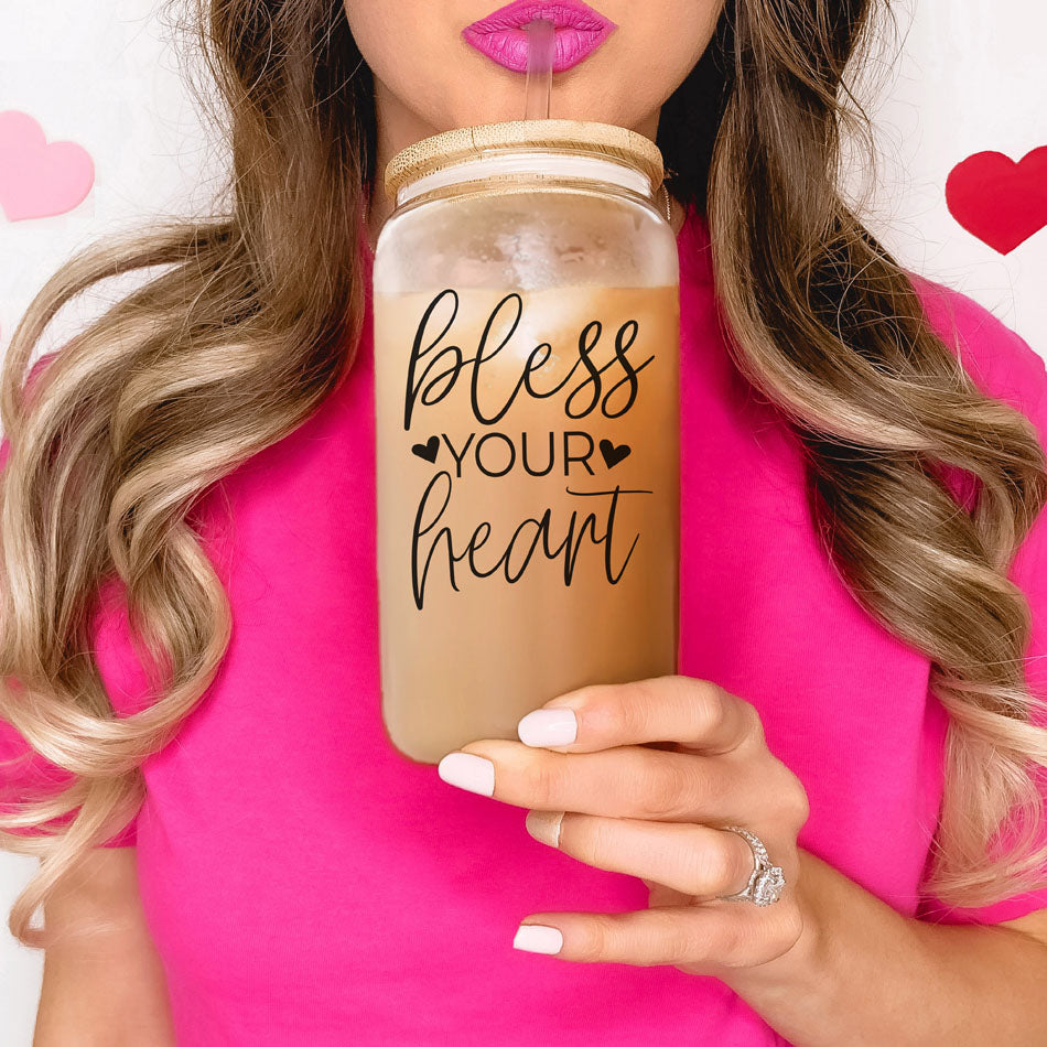 Bless Your Heart 20oz Glass Tumbler With Bamboo Lid - Sassy Coffee Cup