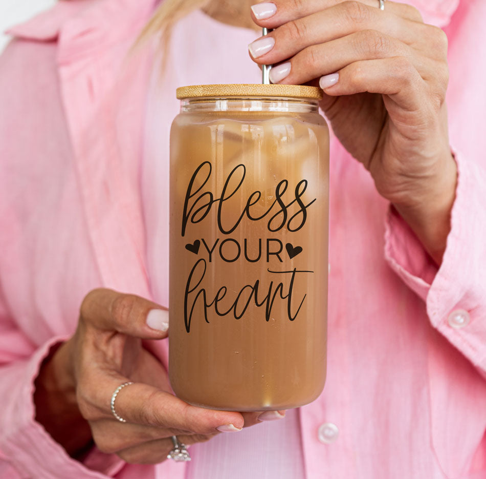 Bless Your Heart 20oz Glass Tumbler With Bamboo Lid - Sassy Coffee Cup