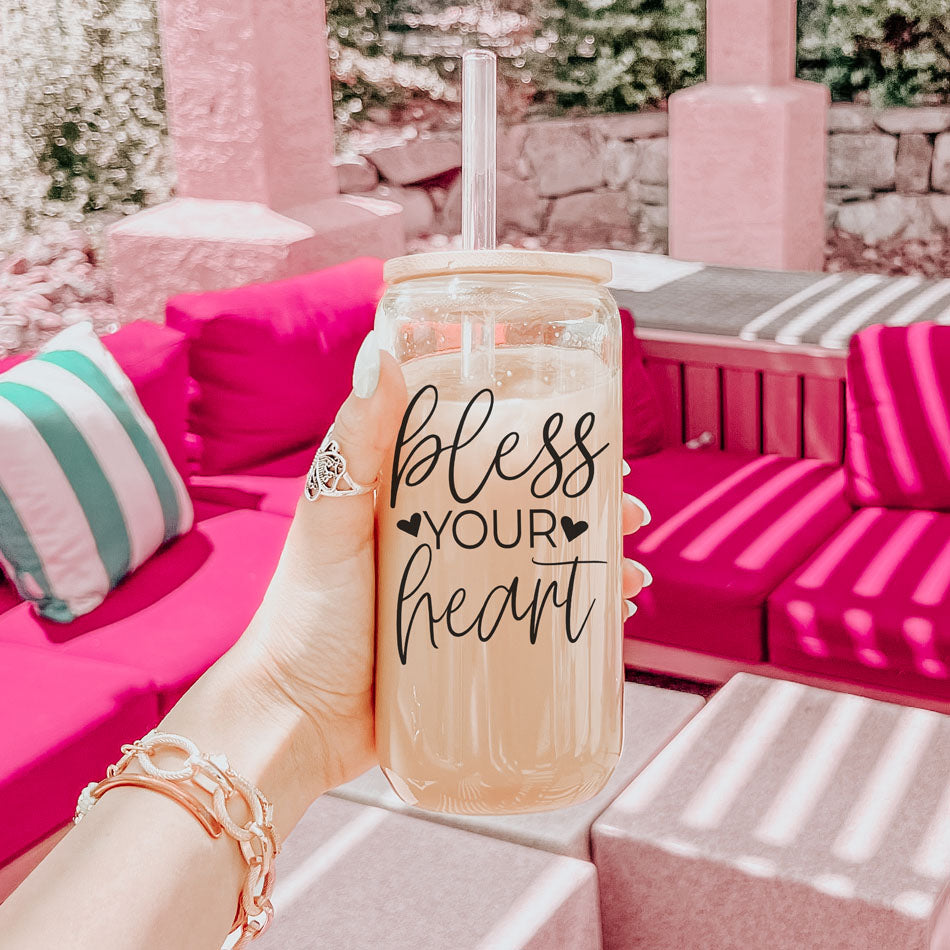 Bless Your Heart 20oz Glass Tumbler With Bamboo Lid - Sassy Coffee Cup