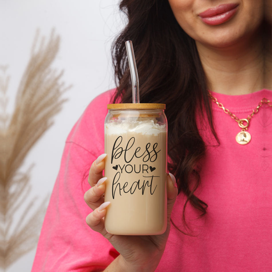 Bless Your Heart 20oz Glass Tumbler With Bamboo Lid - Sassy Coffee Cup