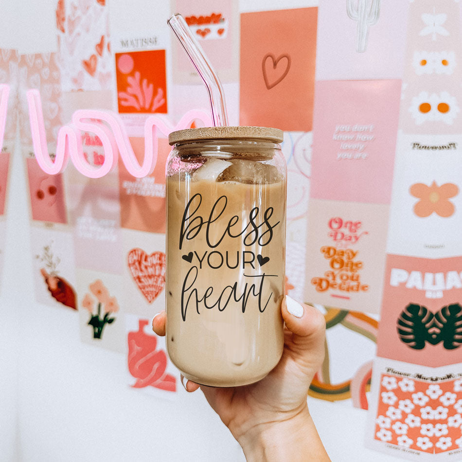 Bless Your Heart 20oz Glass Tumbler With Bamboo Lid - Sassy Coffee Cup