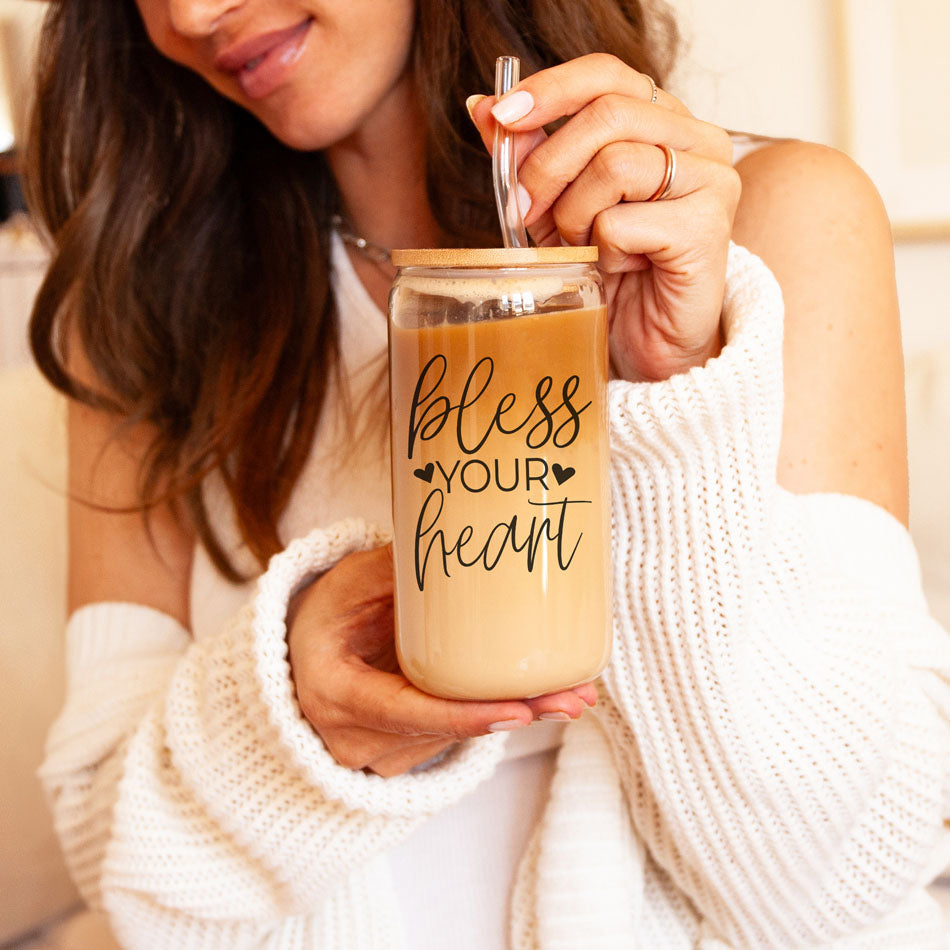 Bless Your Heart 20oz Glass Tumbler With Bamboo Lid - Sassy Coffee Cup