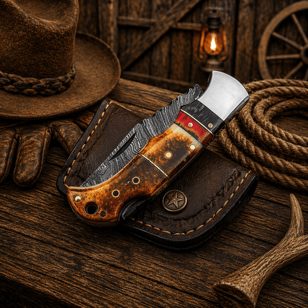 Handmade Damascus Pocket Knife – Burnt Camel Bone Handle Folding Knife with Leather Sheath | Custom EDC Hunting Knife Gift for Men