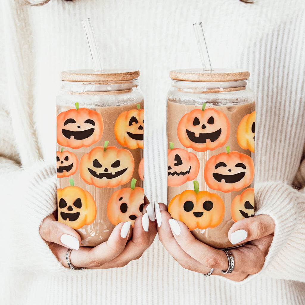Pumpkin 20oz Glass Tumbler with Bamboo Lid, 2 Stainless Straws & Straw Cleaner