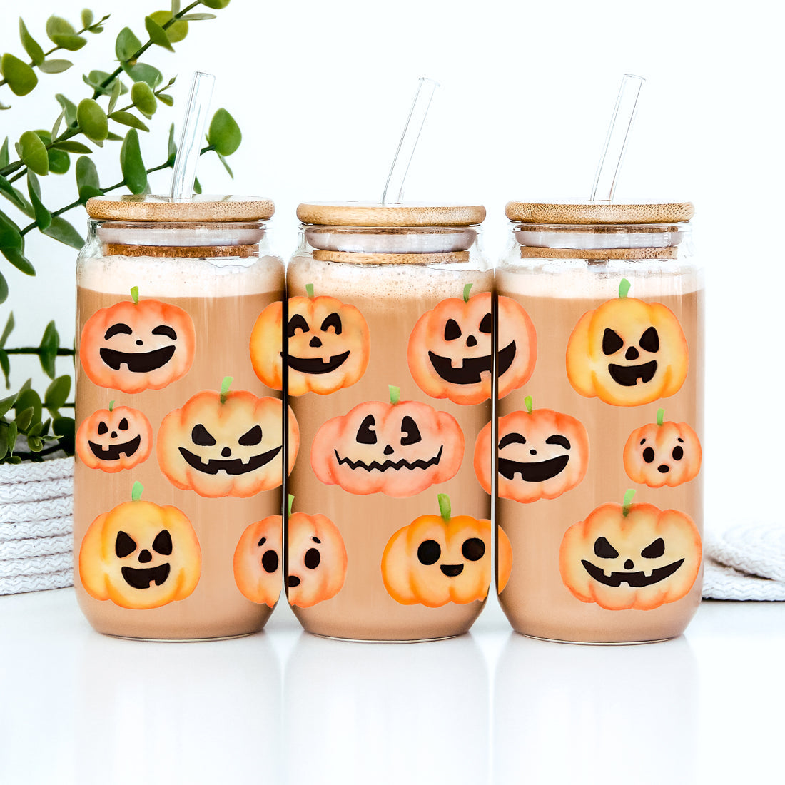 Pumpkin 20oz Glass Tumbler with Bamboo Lid, 2 Stainless Straws & Straw Cleaner