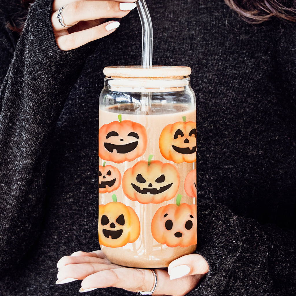 Pumpkin 20oz Glass Tumbler with Bamboo Lid, 2 Stainless Straws & Straw Cleaner