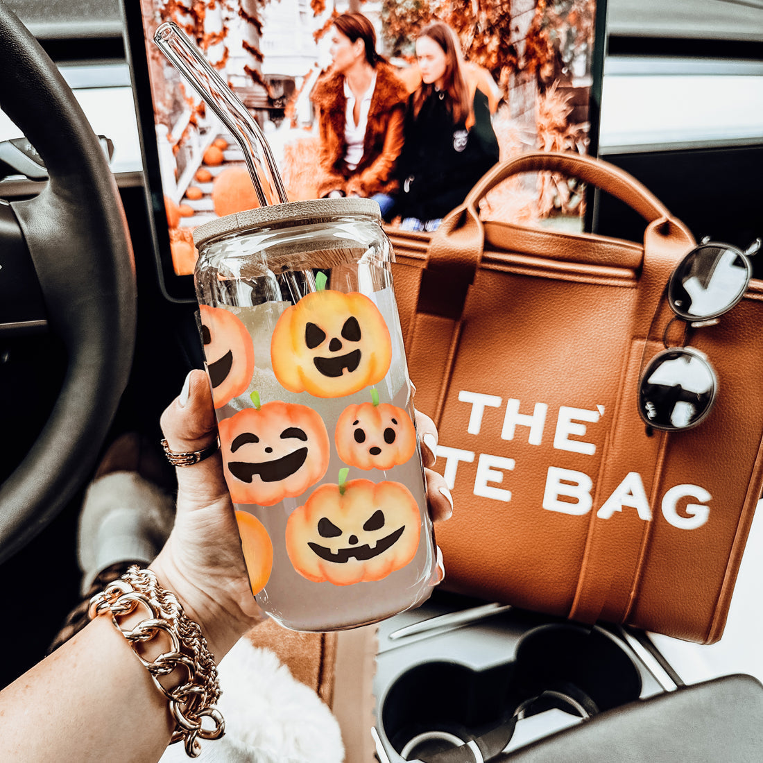 Pumpkin 20oz Glass Tumbler with Bamboo Lid, 2 Stainless Straws & Straw Cleaner