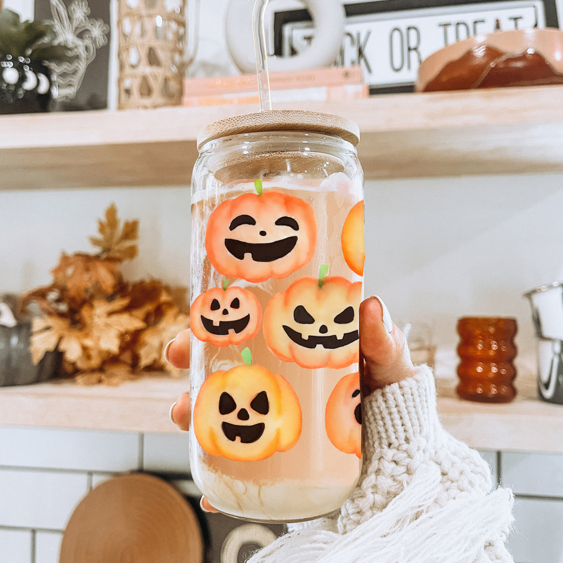Pumpkin 20oz Glass Tumbler with Bamboo Lid, 2 Stainless Straws & Straw Cleaner