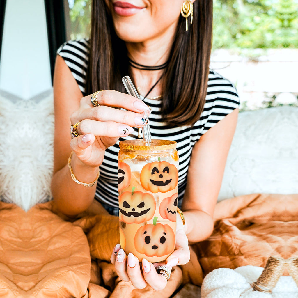 Pumpkin 20oz Glass Tumbler with Bamboo Lid, 2 Stainless Straws & Straw Cleaner
