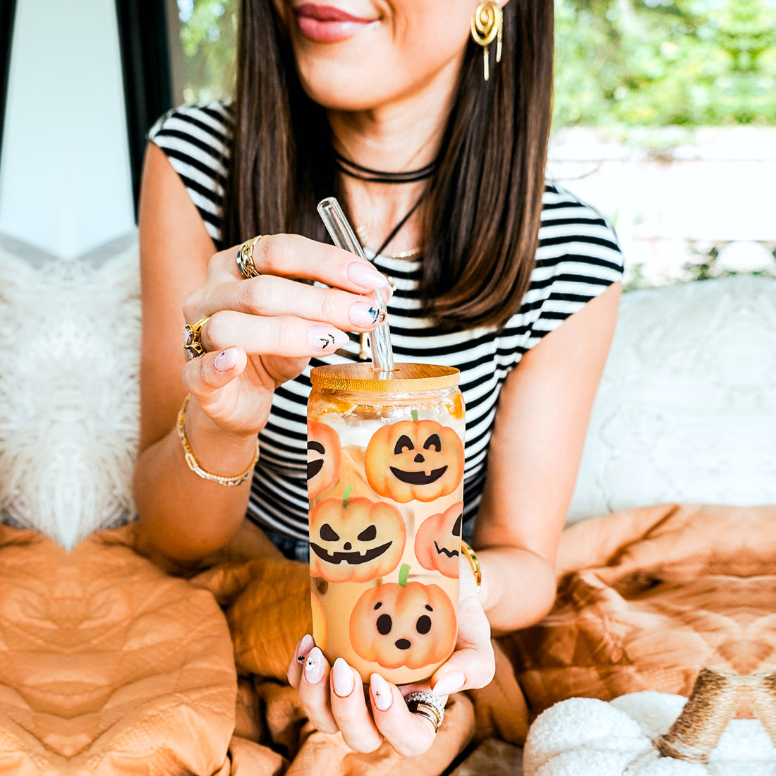 Pumpkin 20oz Glass Tumbler with Bamboo Lid, 2 Stainless Straws & Straw Cleaner
