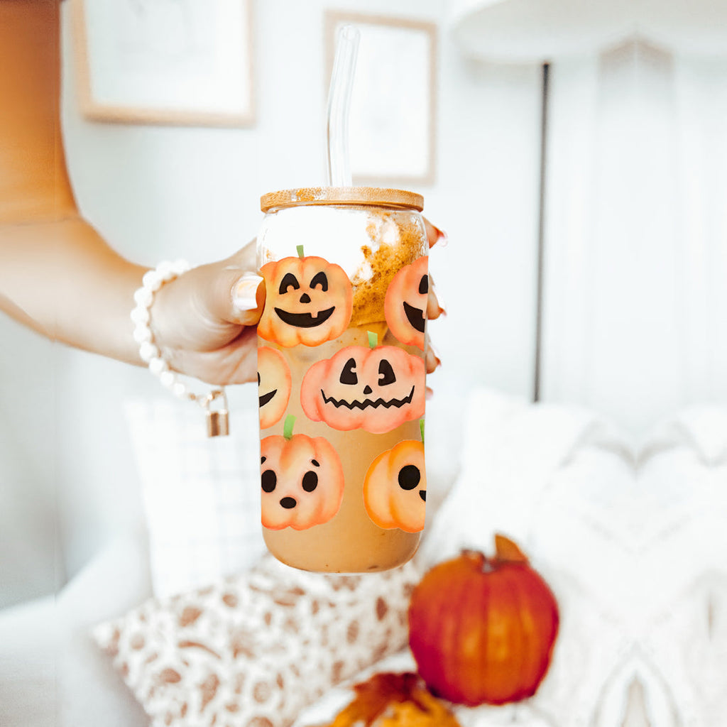 Pumpkin 20oz Glass Tumbler with Bamboo Lid, 2 Stainless Straws & Straw Cleaner