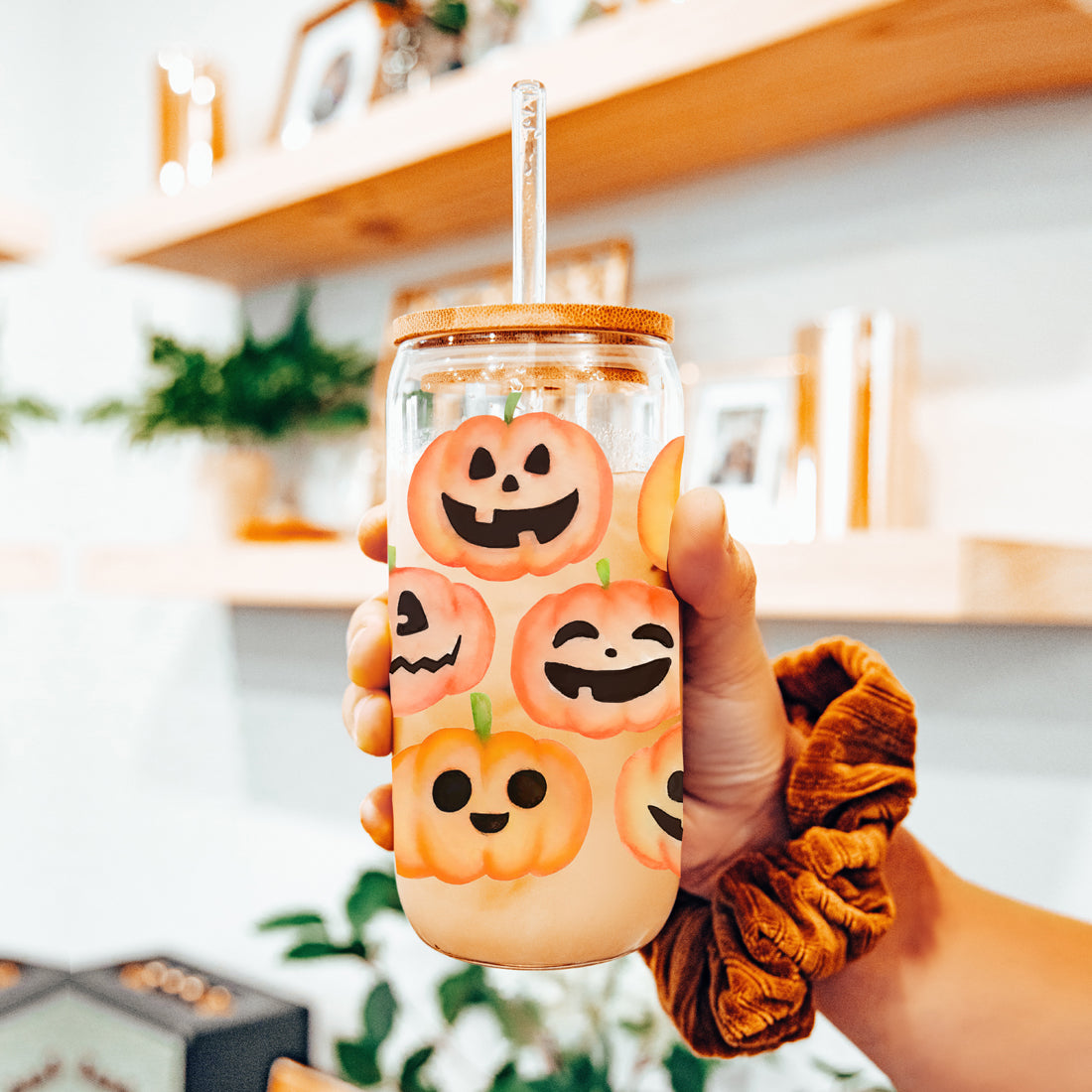 Pumpkin 20oz Glass Tumbler with Bamboo Lid, 2 Stainless Straws & Straw Cleaner
