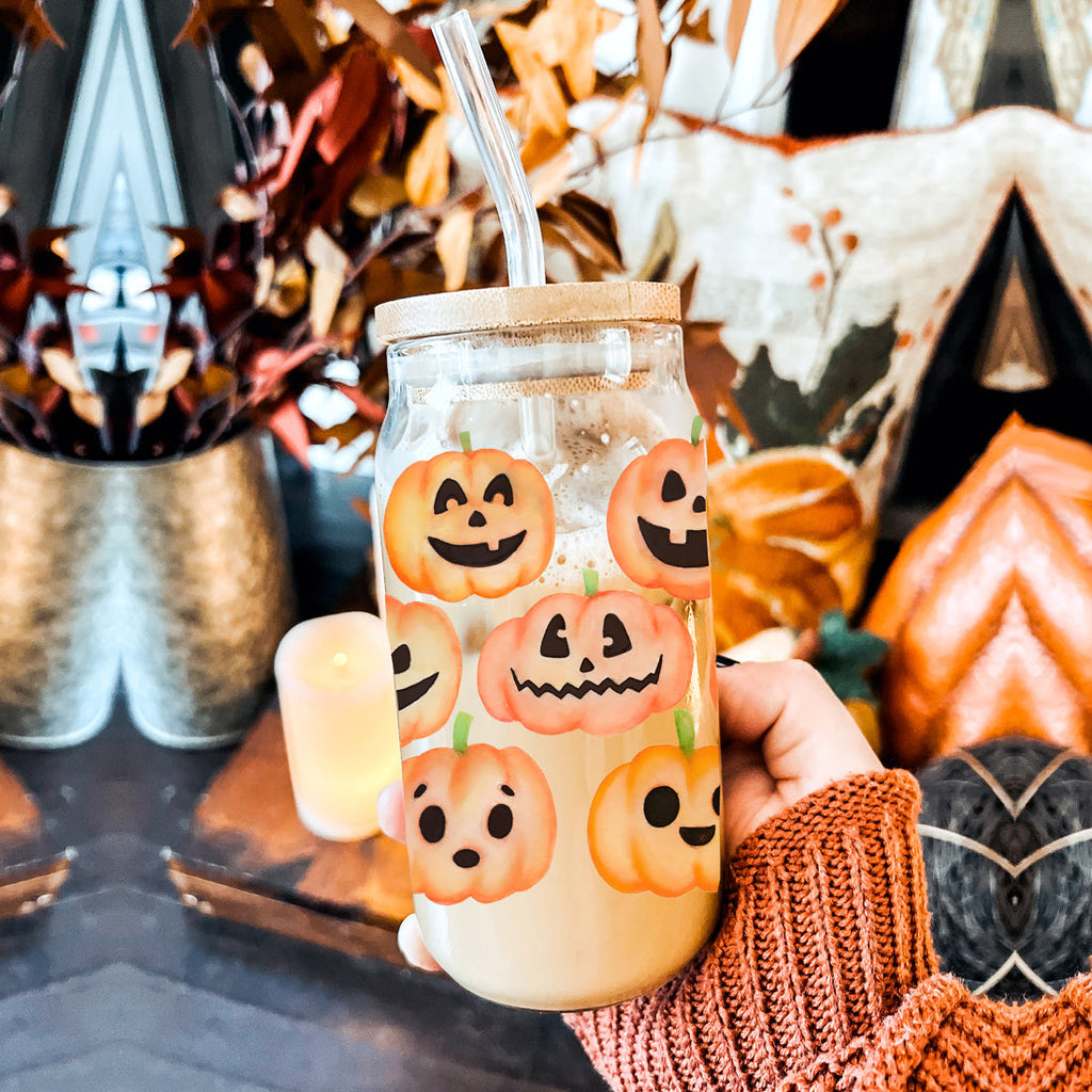 Pumpkin 20oz Glass Tumbler with Bamboo Lid, 2 Stainless Straws & Straw Cleaner