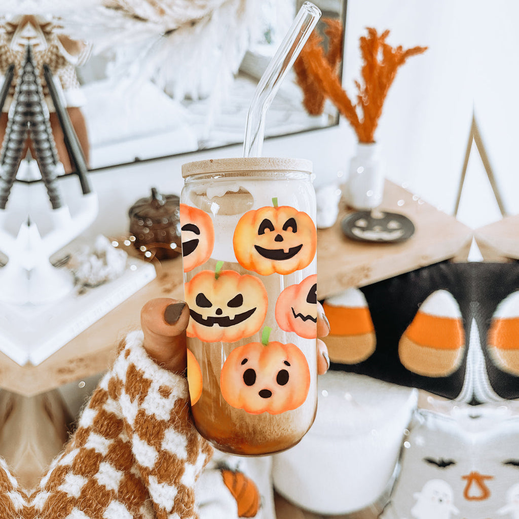 Pumpkin 20oz Glass Tumbler with Bamboo Lid, 2 Stainless Straws & Straw Cleaner