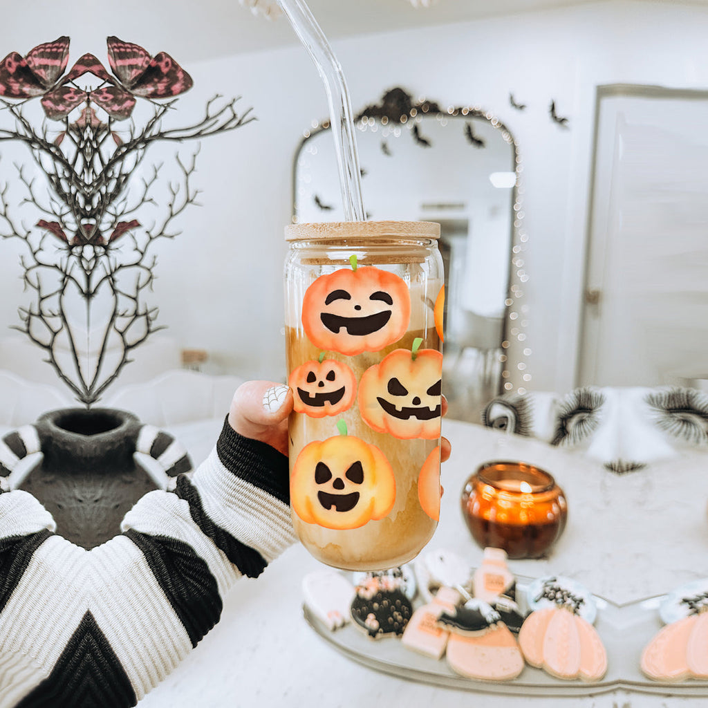 Pumpkin 20oz Glass Tumbler with Bamboo Lid, 2 Stainless Straws & Straw Cleaner