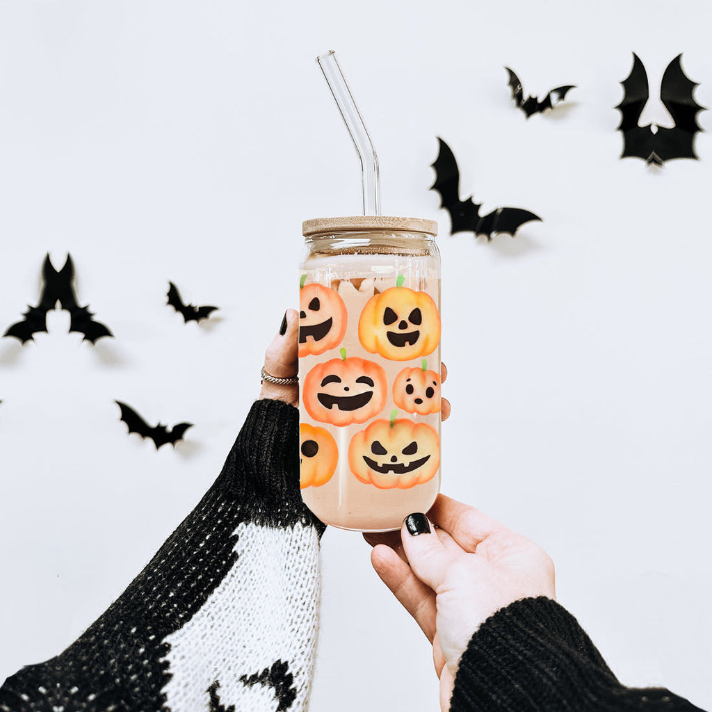 Pumpkin 20oz Glass Tumbler with Bamboo Lid, 2 Stainless Straws & Straw Cleaner