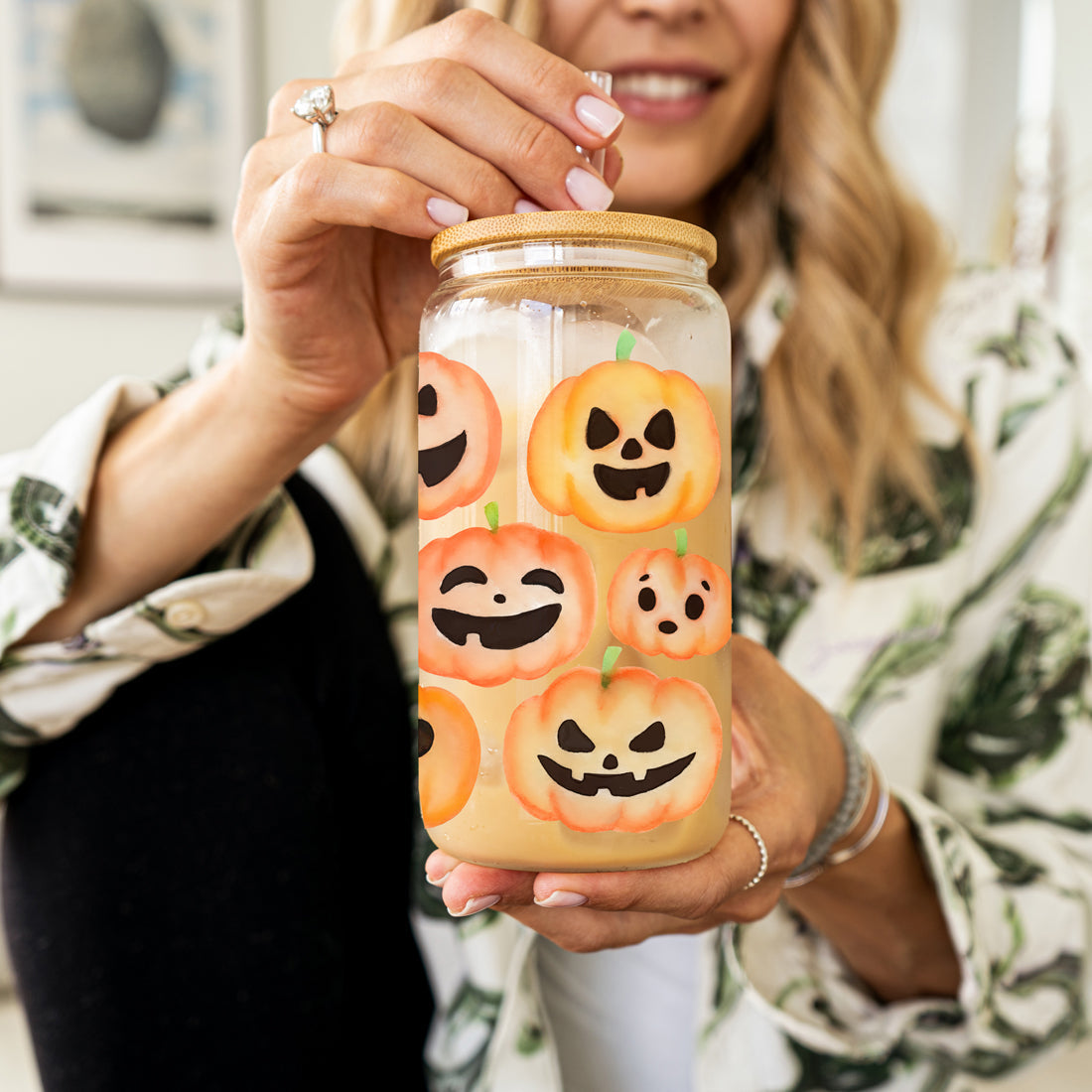 Pumpkin 20oz Glass Tumbler with Bamboo Lid, 2 Stainless Straws & Straw Cleaner