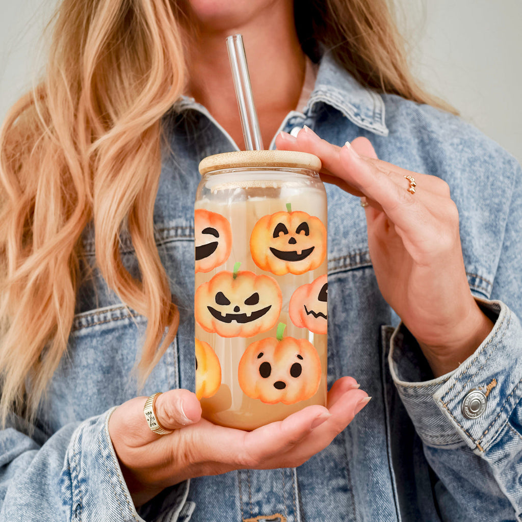 Pumpkin 20oz Glass Tumbler with Bamboo Lid, 2 Stainless Straws & Straw Cleaner