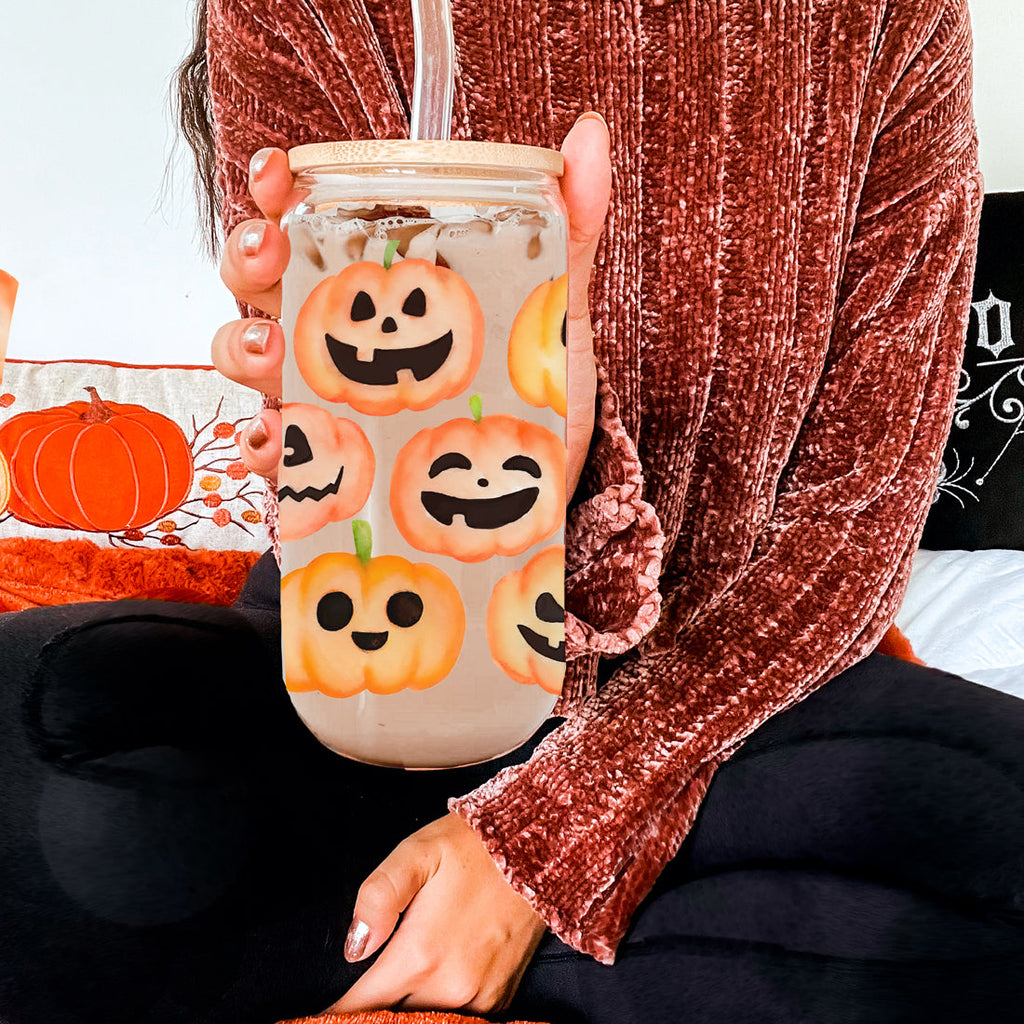 Pumpkin 20oz Glass Tumbler with Bamboo Lid, 2 Stainless Straws & Straw Cleaner