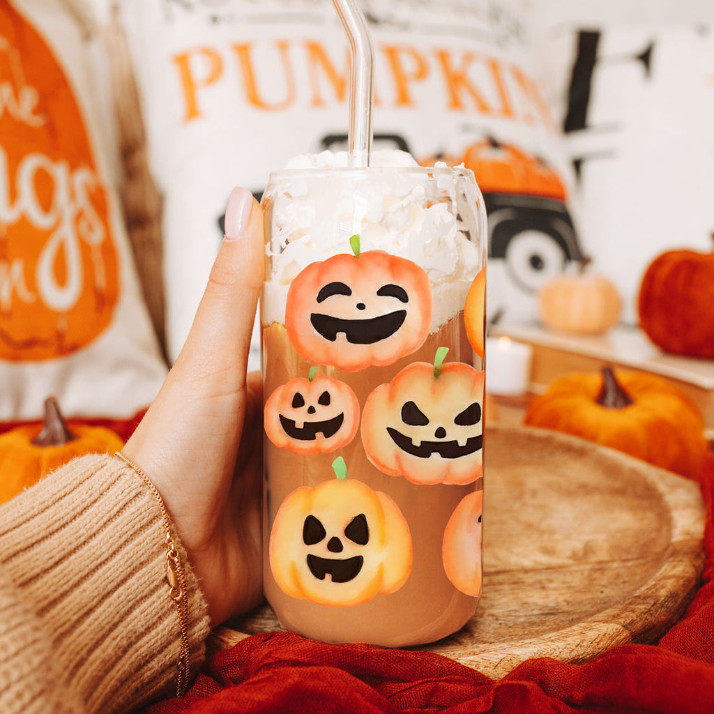 Pumpkin 20oz Glass Tumbler with Bamboo Lid, 2 Stainless Straws & Straw Cleaner