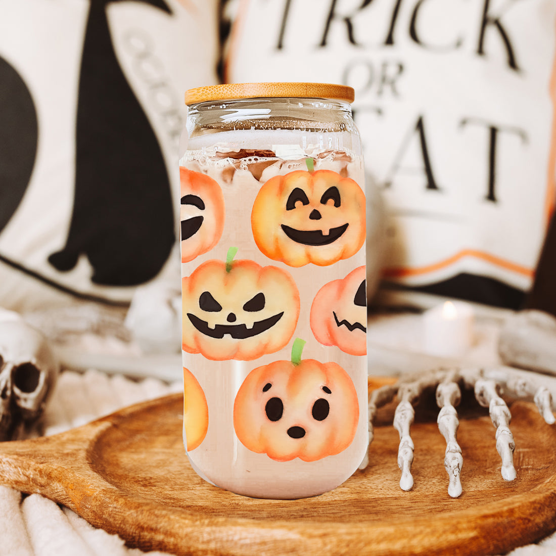 Pumpkin 20oz Glass Tumbler with Bamboo Lid, 2 Stainless Straws & Straw Cleaner