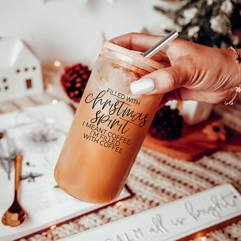 Christmas Coffee 17oz Glass Tumbler With Bamboo Lid, Stainless Straws & Cleaner
