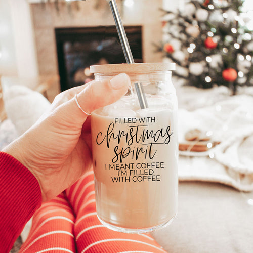 Christmas Coffee 17oz Glass Tumbler With Bamboo Lid, Stainless Straws & Cleaner