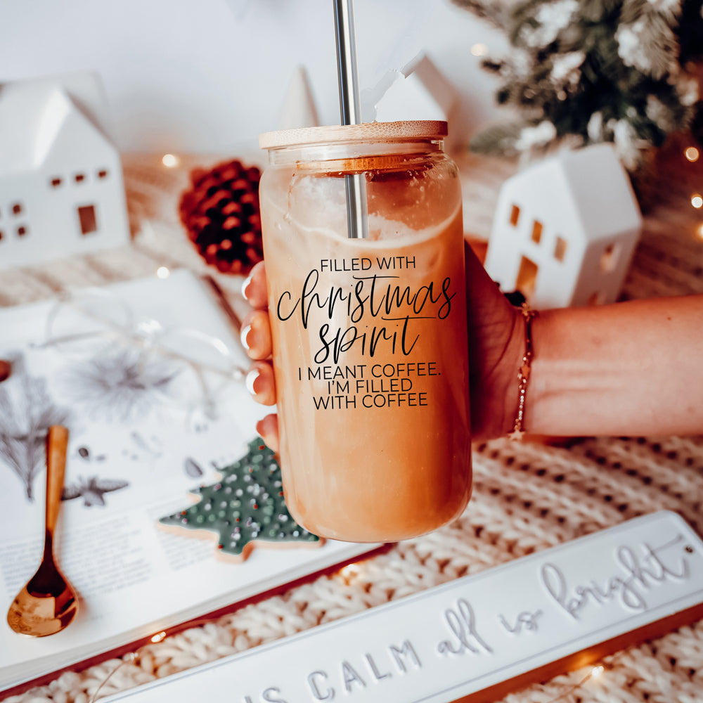 Christmas Coffee 17oz Glass Tumbler With Bamboo Lid, Stainless Straws & Cleaner
